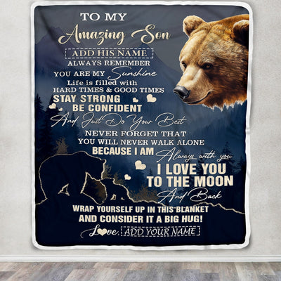 Personalized To My Amazing Son Blanket From Mom Dad Mother Father Bear It A Big Hug Son Birthday Gifts Graduation Christmas Customized Fleece Throw Blanket | siriusteestore
