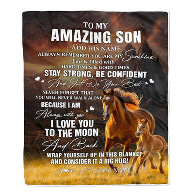 Personalized To My Amazing Son Blanket From Mom Dad Mother Father Horse It A Big Hug Son Birthday Gifts Graduation Christmas Customized Fleece Throw Blanket | siriusteestore