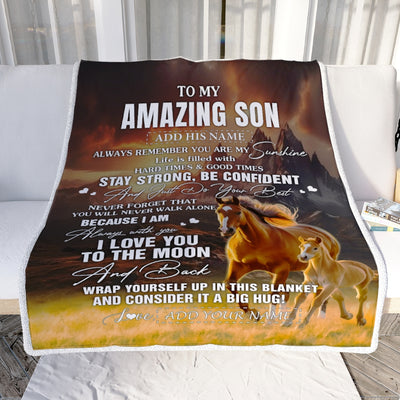 Personalized To My Amazing Son Blanket From Mom Dad Mother Father Horse It A Big Hug Son Birthday Gifts Graduation Christmas Customized Fleece Throw Blanket | siriusteestore