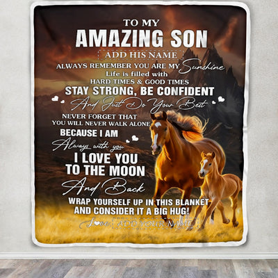 Personalized To My Amazing Son Blanket From Mom Dad Mother Father Horse It A Big Hug Son Birthday Gifts Graduation Christmas Customized Fleece Throw Blanket | siriusteestore