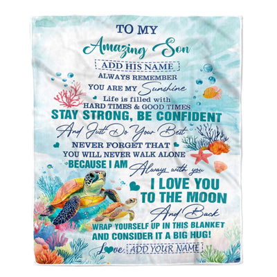 Personalized To My Amazing Son Blanket From Mom Dad Mother Father Turtle It A Big Hug Son Birthday Gifts Graduation Christmas Customized Fleece Throw Blanket | siriusteestore