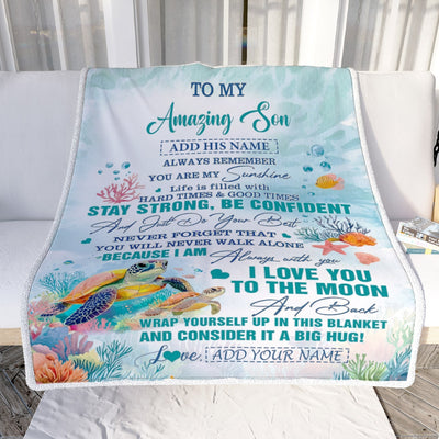 Personalized To My Amazing Son Blanket From Mom Dad Mother Father Turtle It A Big Hug Son Birthday Gifts Graduation Christmas Customized Fleece Throw Blanket | siriusteestore