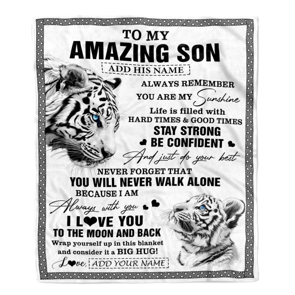 Personalized To My Amazing Son Blanket From Mom Dad Mother Father White Tiger It A Big Hug Son Birthday Gifts Graduation Christmas Customized Fleece Blanket | siriusteestore