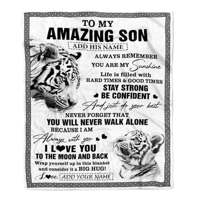 Personalized To My Amazing Son Blanket From Mom Dad Mother Father White Tiger It A Big Hug Son Birthday Gifts Graduation Christmas Customized Fleece Blanket | siriusteestore