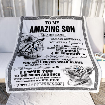 Personalized To My Amazing Son Blanket From Mom Dad Mother Father White Tiger It A Big Hug Son Birthday Gifts Graduation Christmas Customized Fleece Blanket | siriusteestore