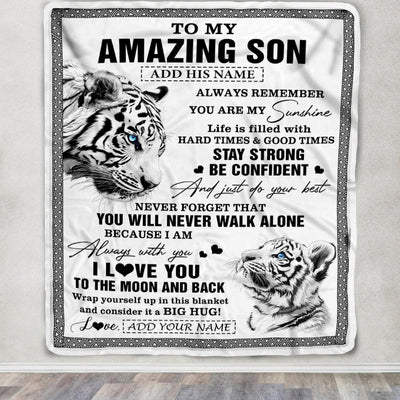 Personalized To My Amazing Son Blanket From Mom Dad Mother Father White Tiger It A Big Hug Son Birthday Gifts Graduation Christmas Customized Fleece Blanket | siriusteestore