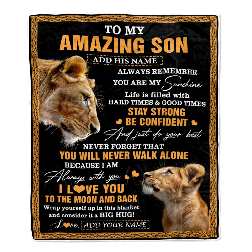 Personalized To My Amazing Son Blanket From Mom Mother Lion It A Big Hug Son Birthday Gifts Graduation Christmas Customized Fleece Throw Blanket | siriusteestore