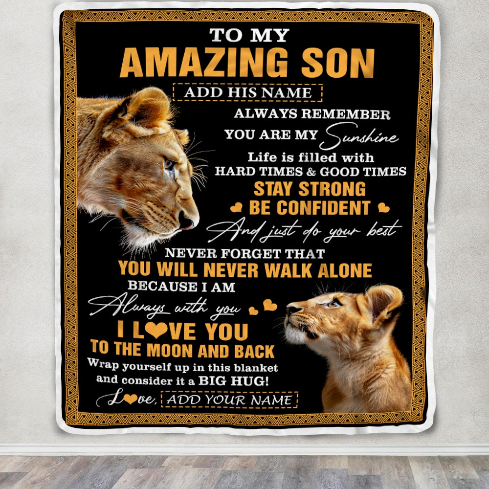Personalized To My Amazing Son Blanket From Mom Mother Lion It A Big Hug Son Birthday Gifts Graduation Christmas Customized Fleece Throw Blanket | siriusteestore