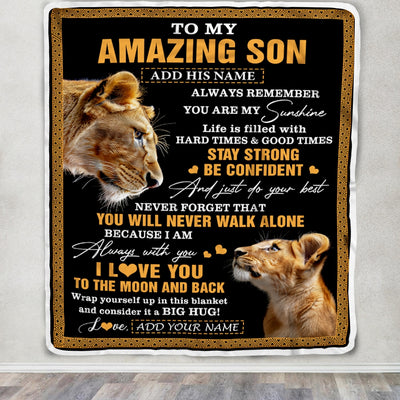 Personalized To My Amazing Son Blanket From Mom Mother Lion It A Big Hug Son Birthday Gifts Graduation Christmas Customized Fleece Throw Blanket | siriusteestore