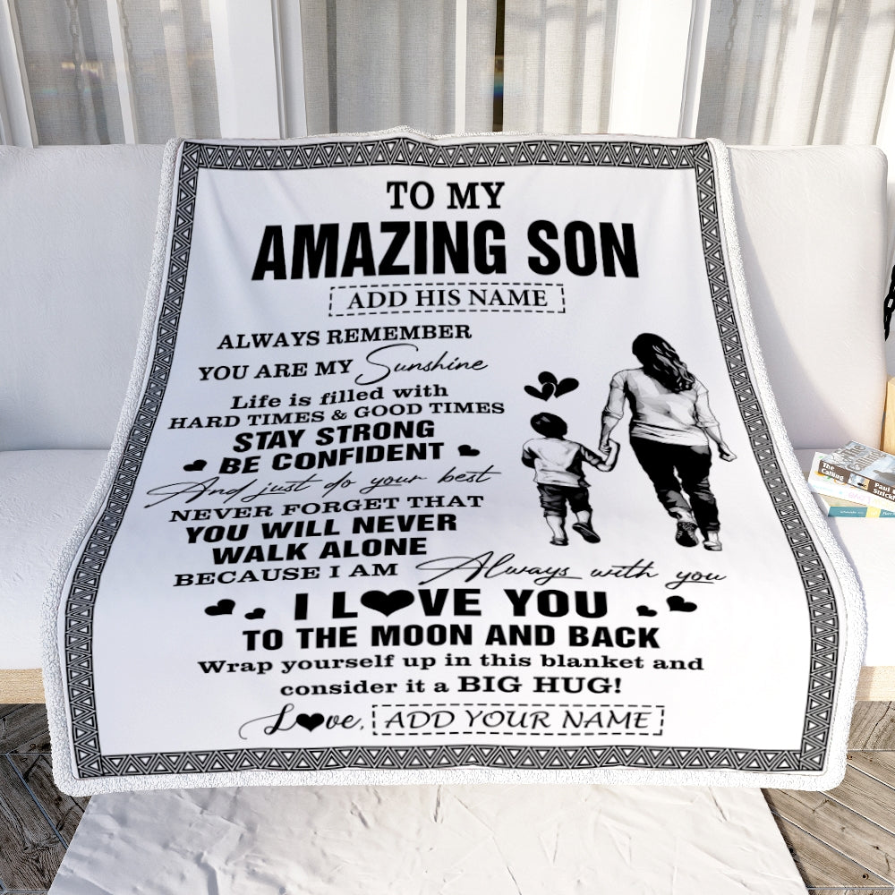 Personalized To My Amazing Son Blanket From Mom Mother Woman It A Big Hug Son Birthday Gifts Graduation Christmas Customized Fleece Throw Blanket | siriusteestore