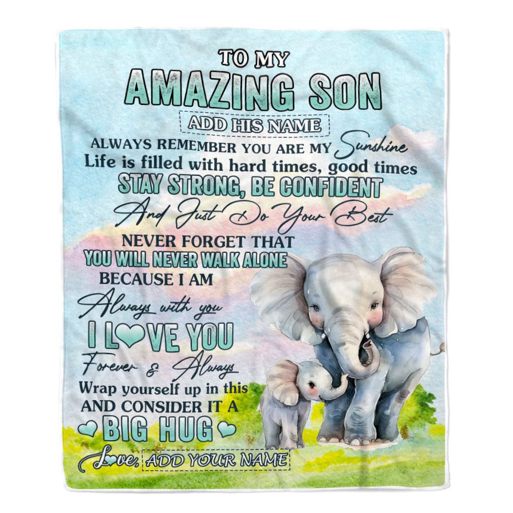 Personalized To My Amazing Son Elephant Blanket From Mom Dad Mother Father My Sunshine Son Birthday Gifts Graduation Christmas Customized Fleece Blanket | siriusteestore