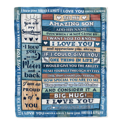 Personalized To My Amazing Son Gifts From Mom Dad Mother Blanket Wood Great Words Birthday Gifts For Son Christmas Customized Fleece Throw Blanket | siriusteestore