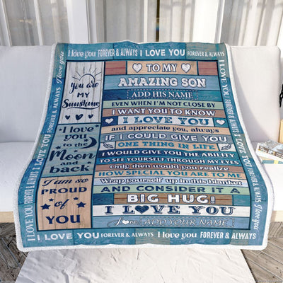 Personalized To My Amazing Son Gifts From Mom Dad Mother Blanket Wood Great Words Birthday Gifts For Son Christmas Customized Fleece Throw Blanket | siriusteestore