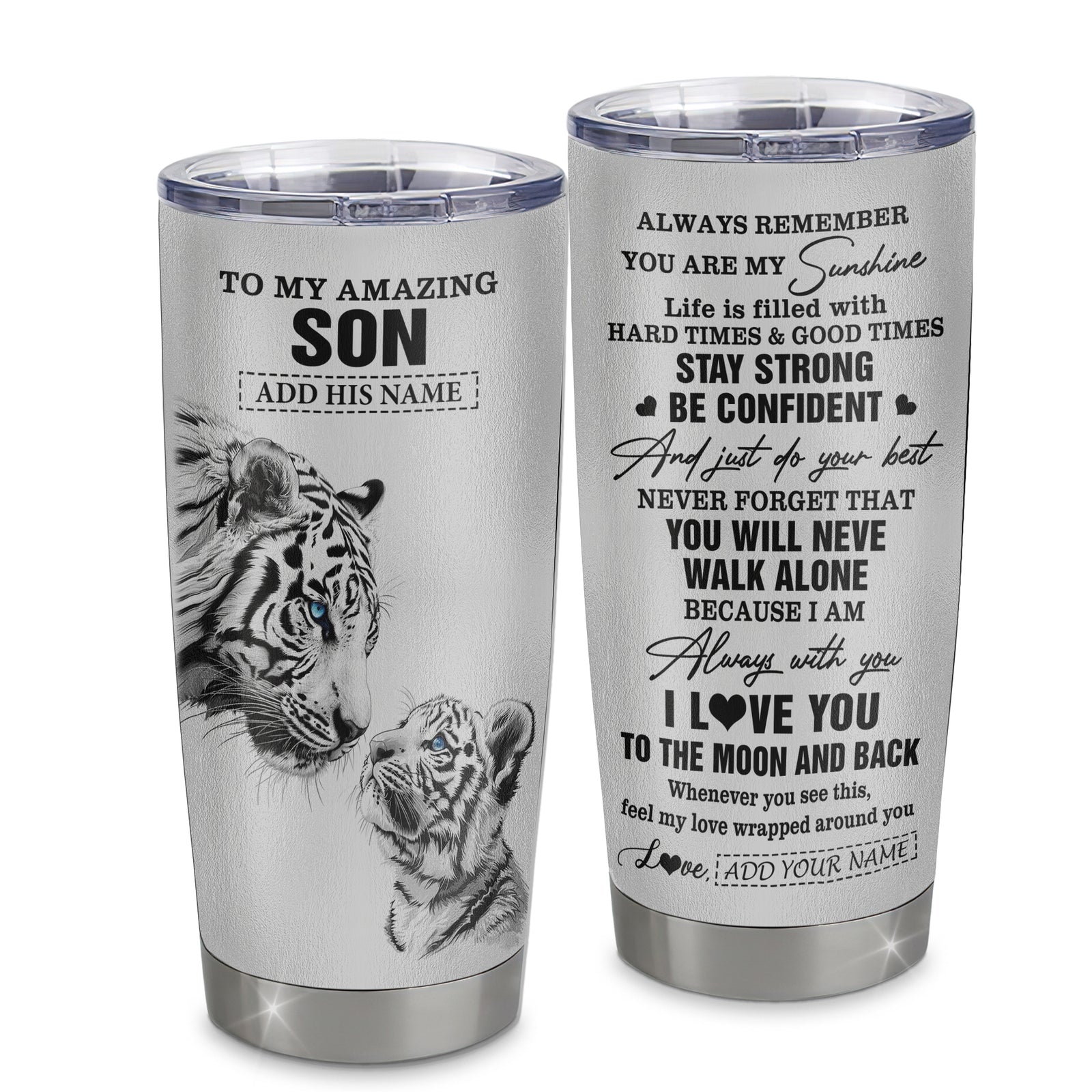 Personalized To My Amazing Son Gifts Tumbler From Mom Dad Father Mother White Tiger It A Big Hug Son Birthday Gifts Graduation Christmas Custom Stainless Steel Mug | siriusteestore