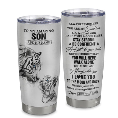 Personalized To My Amazing Son Gifts Tumbler From Mom Dad Father Mother White Tiger It A Big Hug Son Birthday Gifts Graduation Christmas Custom Stainless Steel Mug | siriusteestore