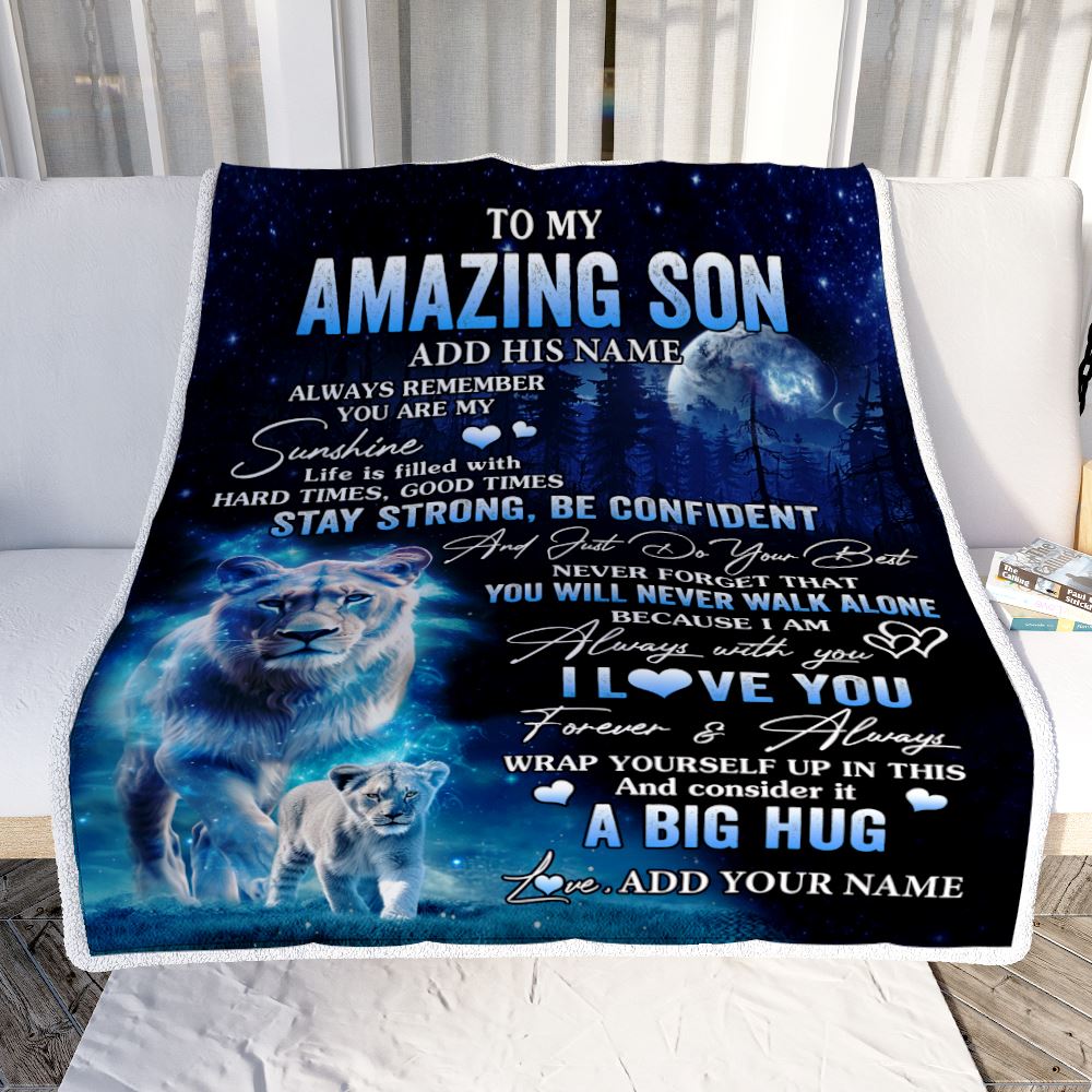 Personalized To My Amazing Son Lion Blanket From Mom Mother Father My Sunshine Son Birthday Gifts Graduation Christmas Customized Fleece Throw Blanket | siriusteestore