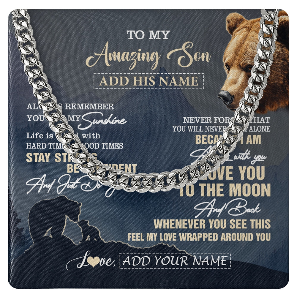 Cuban Link Chain Necklace Stainless Steel | 1 | Personalized To My Amazing Son Necklace From Mom Dad Mother Father Bear It A Big Hug Son Birthday Gifts Graduation Christmas Custom Gift Box Message Card | https://siriusteestore.