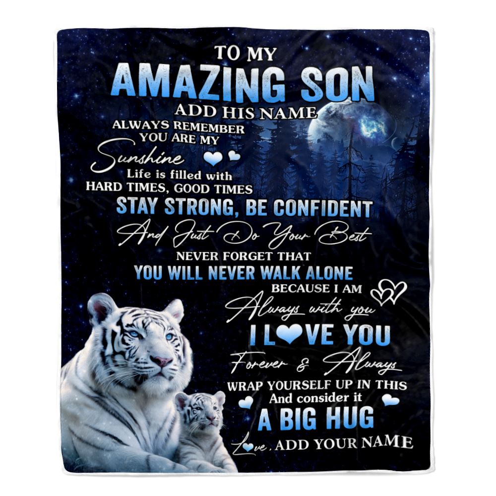 Personalized To My Amazing Son White Tiger Blanket From Mom Dad Mother Father My Sunshine Son Birthday Gifts Graduation Christmas Customized Fleece Blanket | siriusteestore