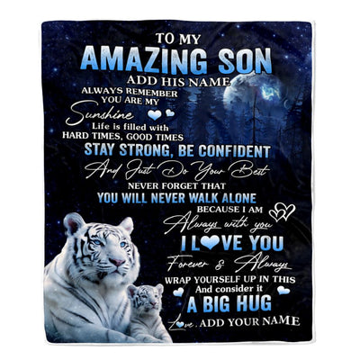 Personalized To My Amazing Son White Tiger Blanket From Mom Dad Mother Father My Sunshine Son Birthday Gifts Graduation Christmas Customized Fleece Blanket | siriusteestore