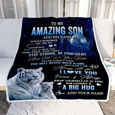 Personalized To My Amazing Son White Tiger Blanket From Mom Dad Mother Father My Sunshine Son Birthday Gifts Graduation Christmas Customized Fleece Blanket | siriusteestore