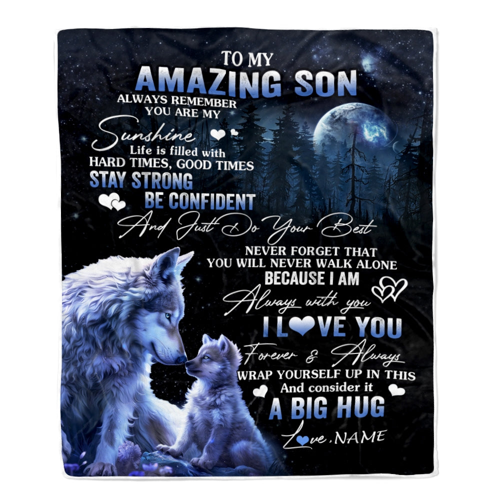 Personalized To My Amazing Son Wolf Blanket From Mom Dad Mother Father Moon Wolf Son Birthday Graduation Christmas Customized Bed Fleece Throw Blanket | siriusteestore