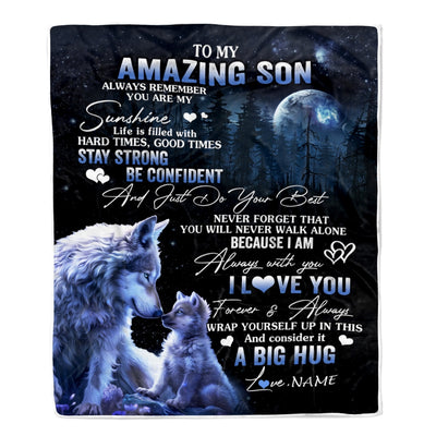 Personalized To My Amazing Son Wolf Blanket From Mom Dad Mother Father Moon Wolf Son Birthday Graduation Christmas Customized Bed Fleece Throw Blanket | siriusteestore