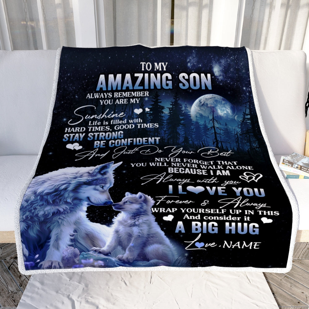 Personalized To My Amazing Son Wolf Blanket From Mom Dad Mother Father Moon Wolf Son Birthday Graduation Christmas Customized Bed Fleece Throw Blanket | siriusteestore