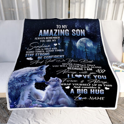 Personalized To My Amazing Son Wolf Blanket From Mom Dad Mother Father Moon Wolf Son Birthday Graduation Christmas Customized Bed Fleece Throw Blanket | siriusteestore