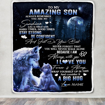 Personalized To My Amazing Son Wolf Blanket From Mom Dad Mother Father Moon Wolf Son Birthday Graduation Christmas Customized Bed Fleece Throw Blanket | siriusteestore