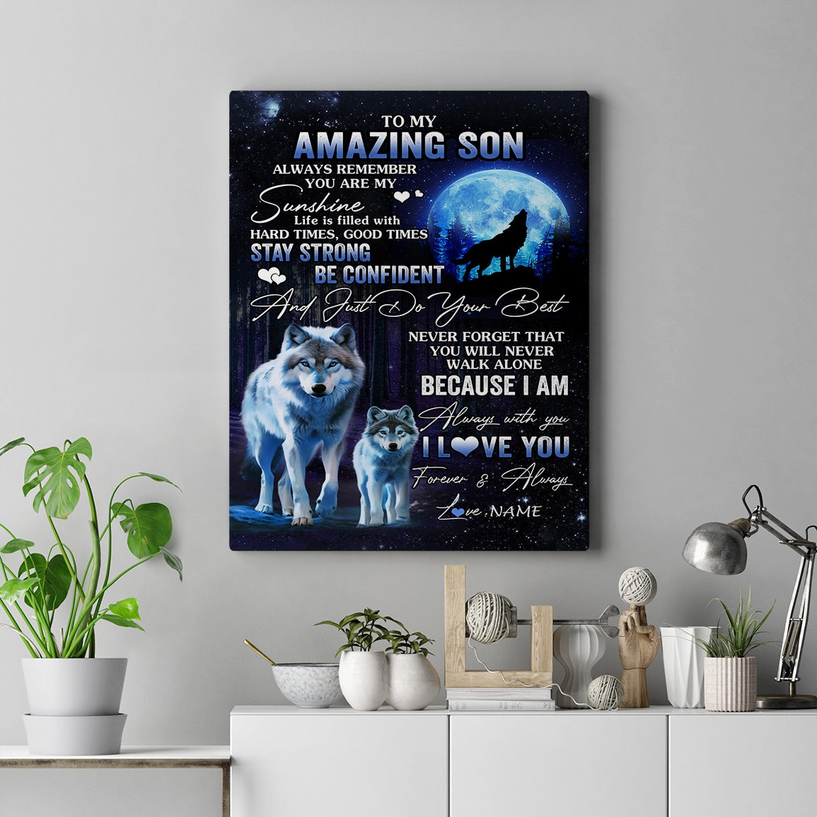 Personalized To My Amazing Son Wolf Canvas From Mom Dad Mother Father Moon Wolf Son Birthday Gifts Graduation Christmas Custom Wall Art Print Framed Canvas | siriusteestore