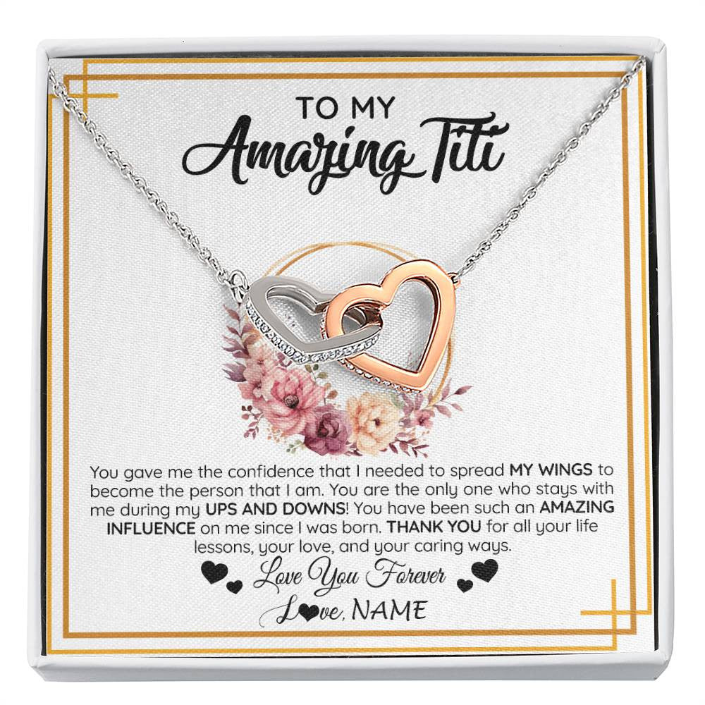 Interlocking Hearts Necklace Stainless Steel & Rose Gold Finish | 1 | Personalized To My Amazing Titi Necklace From Niece Nephew You Gave Me The Confidence Titi Birthday Mothers Day Christmas Customized Gift Box Message Card | siriusteestore