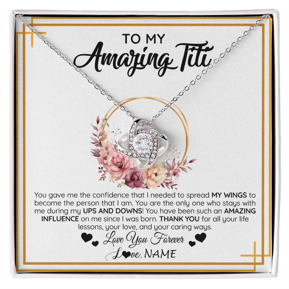 Love Knot Necklace 14K White Gold Finish | 1 | Personalized To My Amazing Titi Necklace From Niece Nephew You Gave Me The Confidence Titi Birthday Mothers Day Christmas Customized Gift Box Message Card | siriusteestore