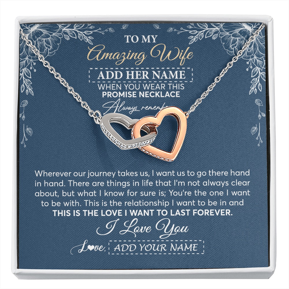 Interlocking Hearts Necklace Stainless Steel & Rose Gold Finish | 1 | Personalized To My Amazing Wife Necklace From Husband Promise Necklace Birthday Gifts For Wife Anniversary Romantic Valentines Christmas Gift Box Message Card | https://siriusteestore.