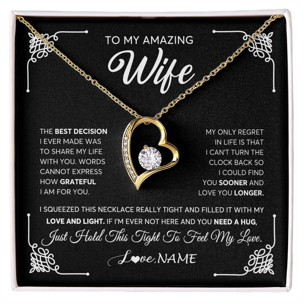 Forever Love Necklace 18K Yellow Gold Finish | 1 | Personalized To My Amazing Wife Necklace From Husband The Best Decision I Ever Made Wife Wedding Day Birthday Christmas Customized Gift Box Message Card | siriusteestore