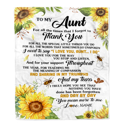 Personalized To My Aunt Blanket From Niece Nephew Sunflower Thank You I Love You Aunt Birthday Mothers Day Christmas Customized Gift Fleece Blanket | siriusteestore