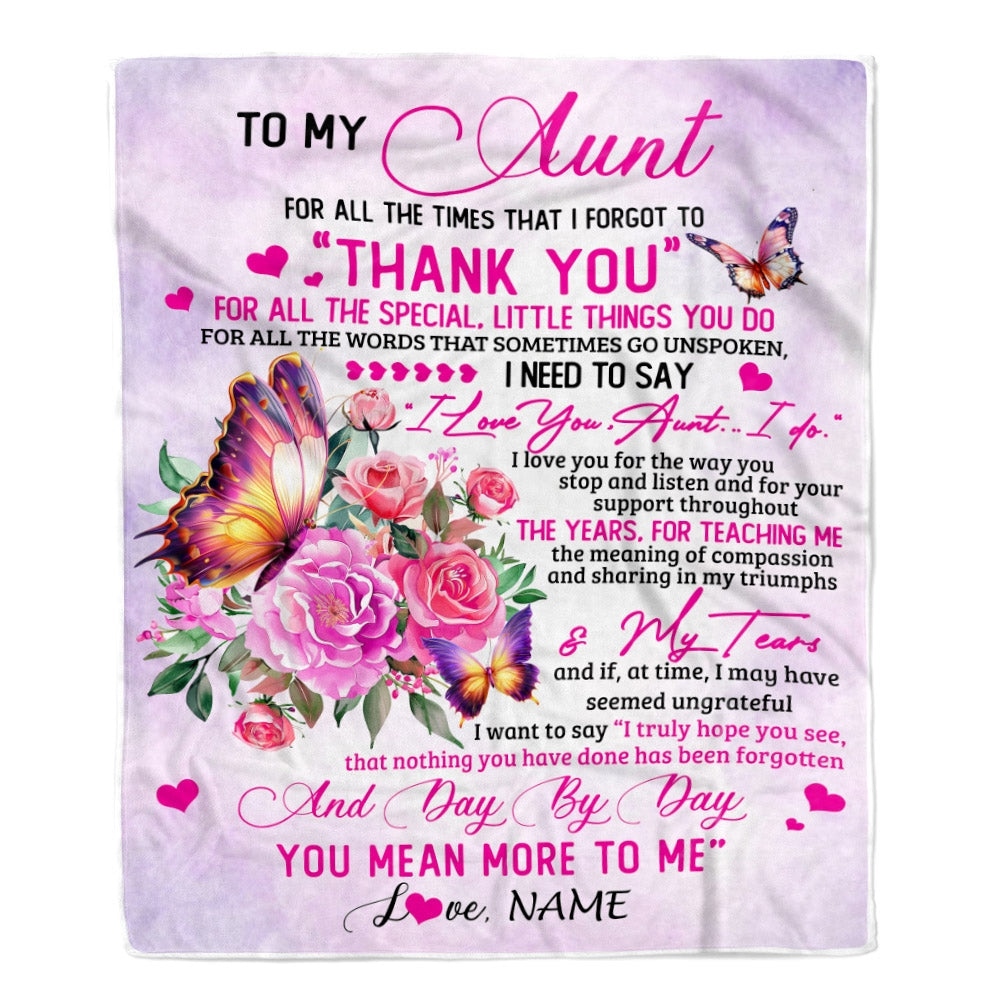 Personalized To My Aunt Blanket From Niece Nephew Wood Floral Butterfly Thank You I Love You Aunt Birthday Mothers Day Christmas Customized Bed Fleece Blanket | siriusteestore
