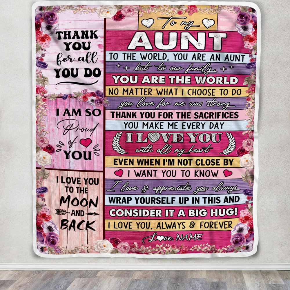 Personalized To My Aunt Blanket From Niece Nephew Wood Floral Thank You I Love You Aunt Birthday Mothers Day Christmas Customized Fleece Throw Blanket | siriusteestore