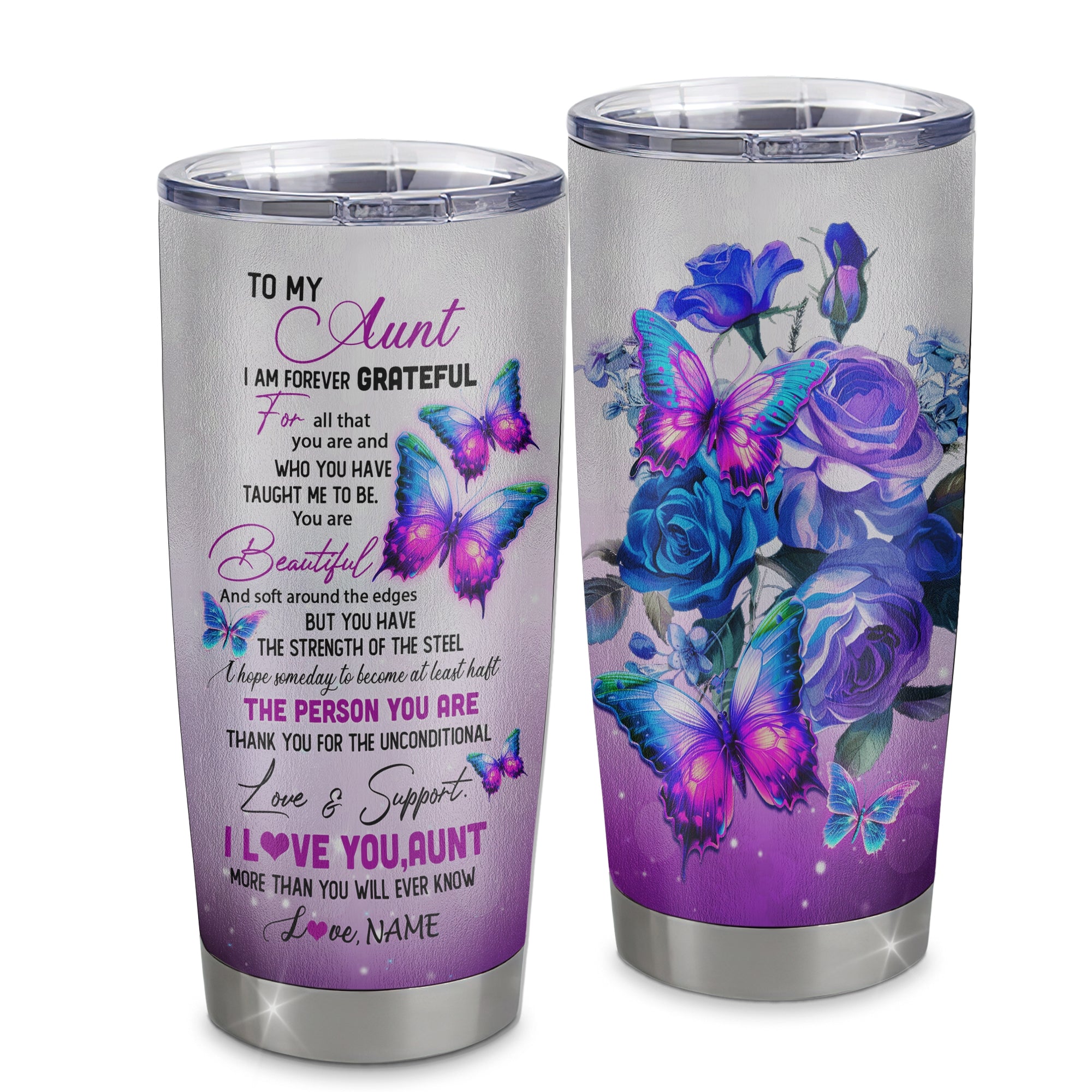 Personalized To My Aunt From Niece Nephew Stainless Steel Tumbler Cup Butterfly I Am Forever Grateful Aunt Mothers Day Birthday Christmas Travel Mug | siriusteestore