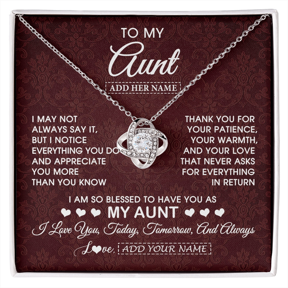 Love Knot Necklace 14K White Gold Finish | 1 | Personalized To My Aunt Gifts From Niece Nephew Necklace Meaningful Jewelry Pendant Gifts For Aunt Mothers Day Birthday Christmas Custom Gift Box Message Card | https://siriusteestore.