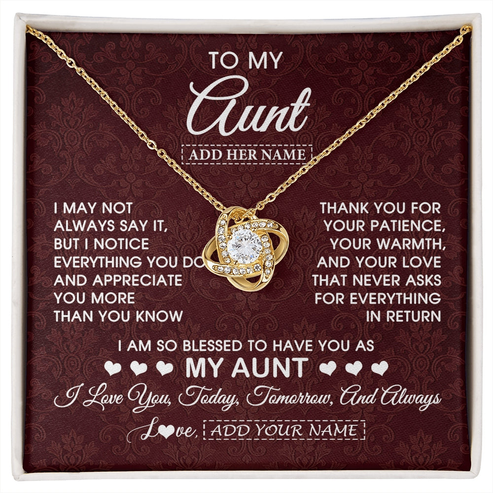 Love Knot Necklace 18K Yellow Gold Finish | 1 | Personalized To My Aunt Gifts From Niece Nephew Necklace Meaningful Jewelry Pendant Gifts For Aunt Mothers Day Birthday Christmas Custom Gift Box Message Card | https://siriusteestore.