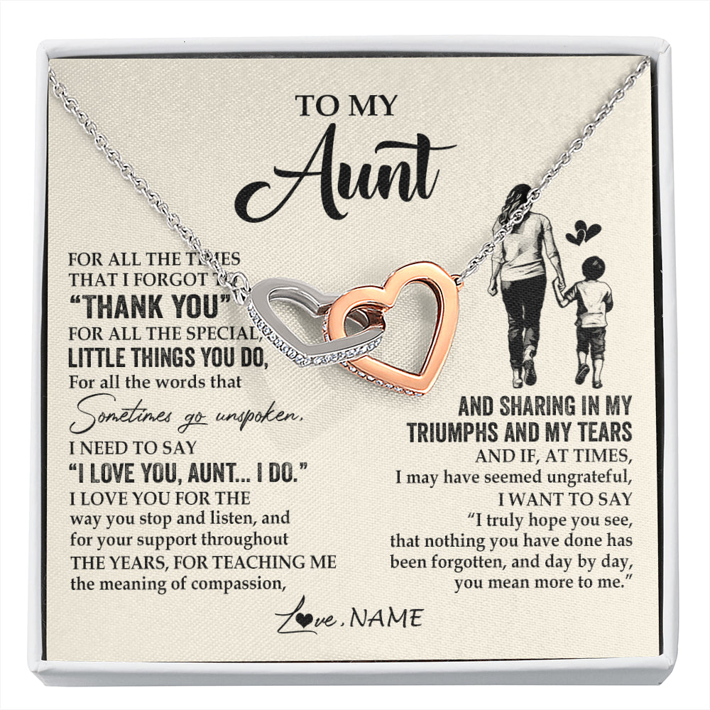 Interlocking Hearts Necklace Stainless Steel & Rose Gold Finish | 1 | Personalized To My Aunt Necklace From Nephew For All The Times That I Forgot To Thank You Aunt Birthday Mothers Day Christmas Customized Gift Box Message Card | siriusteestore