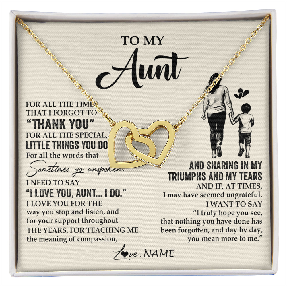 Interlocking Hearts Necklace 18K Yellow Gold Finish | 1 | Personalized To My Aunt Necklace From Nephew For All The Times That I Forgot To Thank You Aunt Birthday Mothers Day Christmas Customized Gift Box Message Card | siriusteestore
