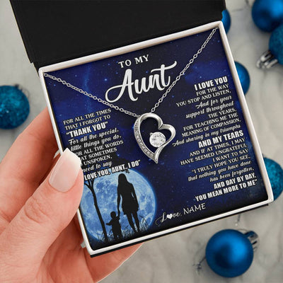 Forever Love Necklace 14K White Gold Finish | 2 | Personalized To My Aunt Necklace From Nephew Niece Thank You Grateful Love Aunt Birthday Mothers Day Thanksgiving Christmas Customized Gift Box Message Card | siriusteestore