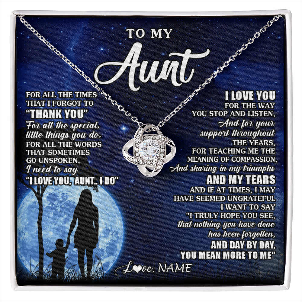 Love Knot Necklace 14K White Gold Finish | 1 | Personalized To My Aunt Necklace From Nephew Niece Thank You Grateful Love Aunt Birthday Mothers Day Thanksgiving Christmas Customized Gift Box Message Card | siriusteestore