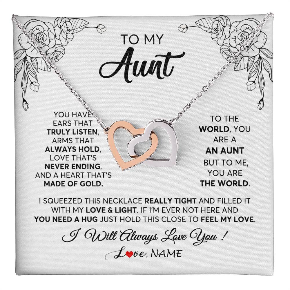 Interlocking Hearts Necklace Stainless Steel & Rose Gold Finish | 1 | Personalized To My Aunt Necklace From Niece Nephew Hold This Close Feel My Love Aunt Birthday Mothers Day Christmas Jewelry Customized Gift Box Message Card | siriusteestore