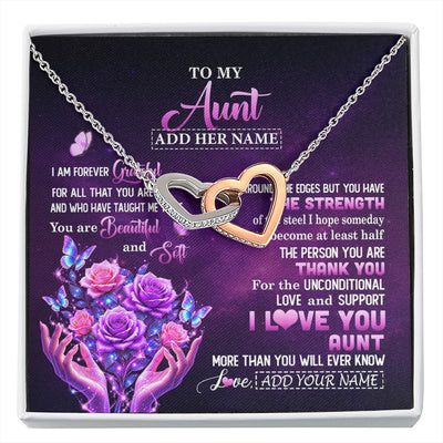 Interlocking Hearts Necklace Stainless Steel & Rose Gold Finish | 1 | Personalized To My Aunt Necklace From Niece Thank You For Love Butterfly Aunt Birthday Mothers Day Thanksgiving Christmas Custom Gift Box Message Card | https://siriusteestore.