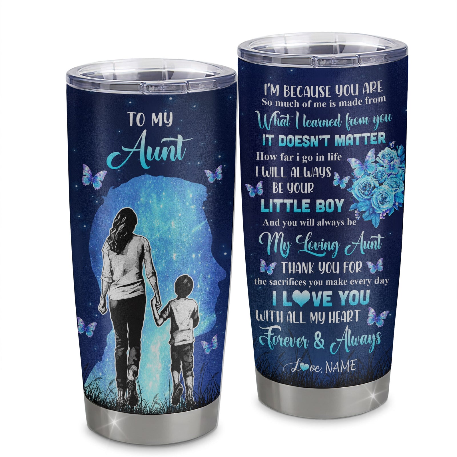 Personalized To My Aunt Tumbler From Nephew Stainless Steel Cup Butterfly Forever And Always Aunt Gift Birthday Mothers Day Thanksgiving Christmas Travel Mug | siriusteestore