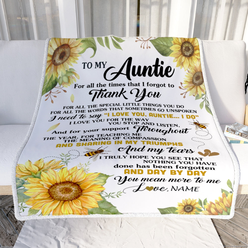 Personalized To My Auntie Blanket From Niece Nephew Sunflower Thank You I Love You Auntie Birthday Mothers Day Christmas Customized Gift Fleece Blanket | siriusteestore