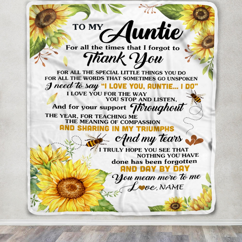 Personalized To My Auntie Blanket From Niece Nephew Sunflower Thank You I Love You Auntie Birthday Mothers Day Christmas Customized Gift Fleece Blanket | siriusteestore