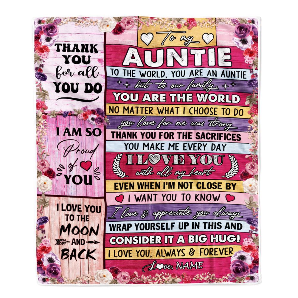Personalized To My Auntie Blanket From Niece Nephew Wood Floral Thank You I Love You Auntie Birthday Mothers Day Christmas Customized Fleece Throw Blanket | siriusteestore